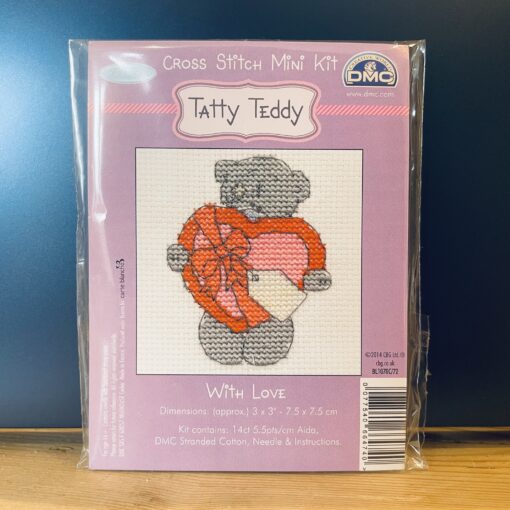 Tatty Teddy holding love heart cross stitch kit