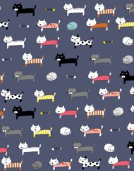 Cat pattern fabric with funny cat design for doll making, bear making, dress making, bags, cushions, patchwork, quilting and face masks. This is in shade dark grey blue.