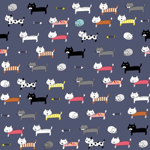 Cat pattern fabric with funny cat design for doll making, bear making, dress making, bags, cushions, patchwork, quilting and face masks. This is in shade dark grey blue.