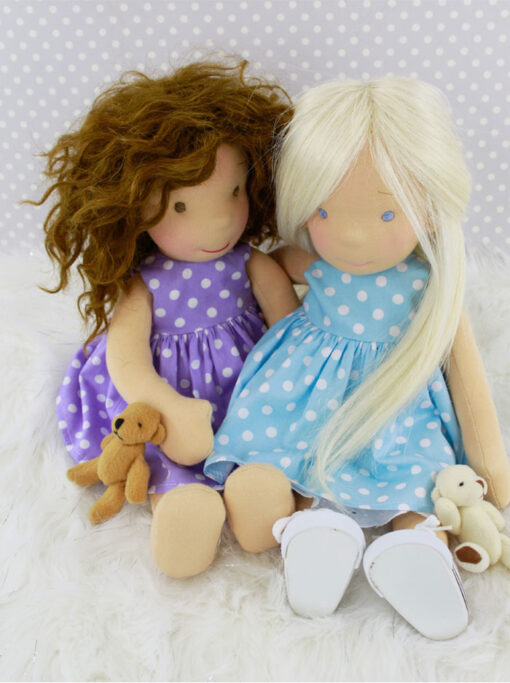 Two Little Dolly Dots Dolls from Polly Dolly Doo Dah sitting together